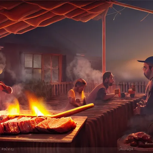 Image similar to asado argentino, highly detailed digital matte painting, smoked meat inside the barbacue, award painting, volumetric ligth, trending on artstation, 4 k,