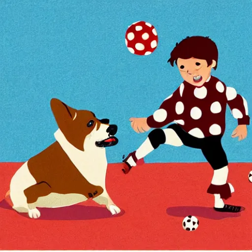 Prompt: illustration of french boy in paris playing football against a corgi, the corgi is wearing a polka dot scarf