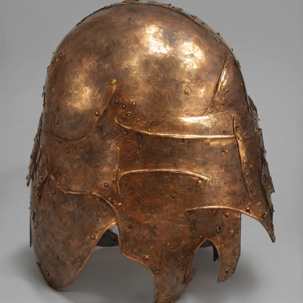 Prompt: a real knight's helmet that is made of copper and gold, beautiful sculpted details