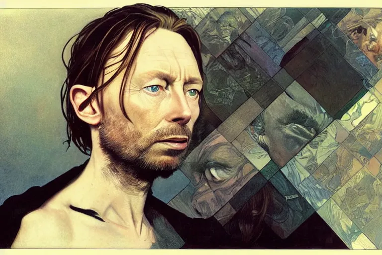 Image similar to hyper realistic portrait of thom yorke mixed with tilda swildon, bigger forehead, bigger chin, from the side, by lee bermejo, alphonse mucha and greg rutkowski