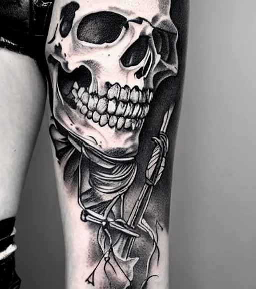 Image similar to A tattoo design on paper of a pirate ship, on paper, black and white, highly detailed tattoo, realistic tattoo, realism tattoo, beautiful shades