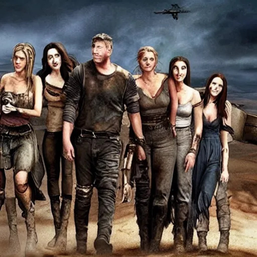 Prompt: The cast of Friends in Mad Max Fury Road (2015) dynamic action battle