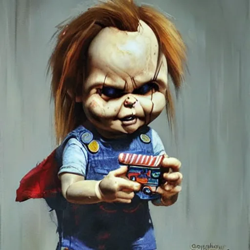 Image similar to the doll chucky playing super nintendo, oil painting, by greg rutkowski