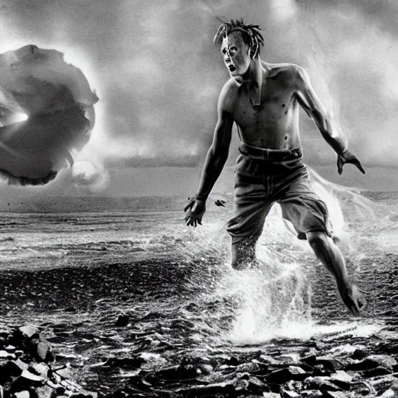 Image similar to photo realistic image of Matthew Lillard as ultra instinct shaggy, storming the beaches of Normandy in 1944, HD, Hollywood cinema, Christopher Nolan