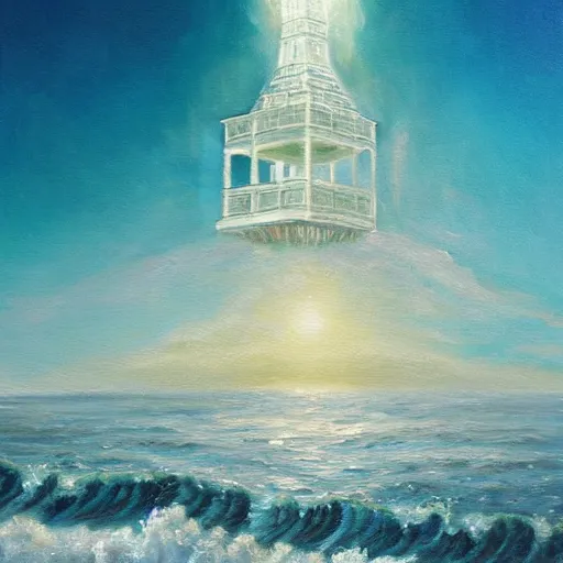 Image similar to highly detailed oil painting art of an ethereal tower rising from the ocean