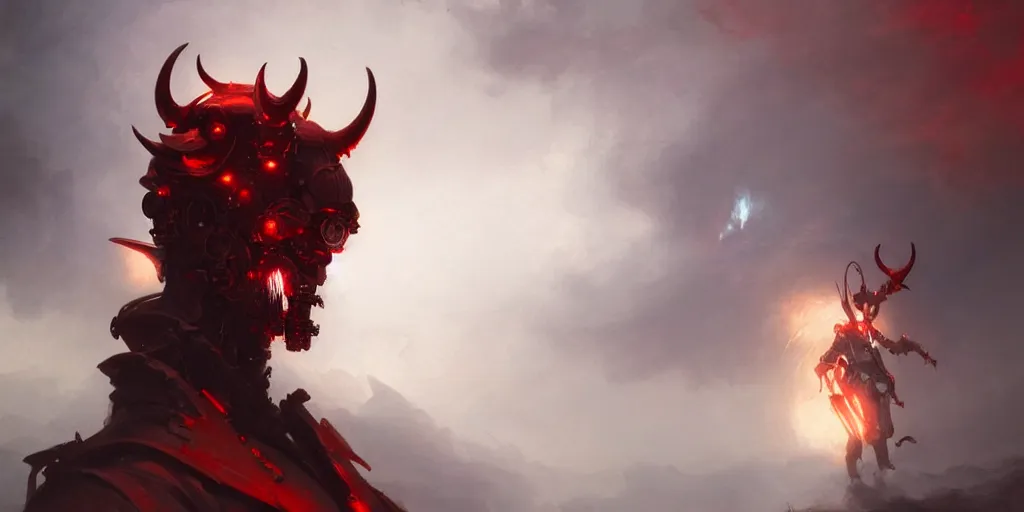 Prompt: profile of an angry mechanical steampunk cyborg devil red skin satan horns with white! angel wings flames and fire concept art greg rutkowski ivan aivazovsky