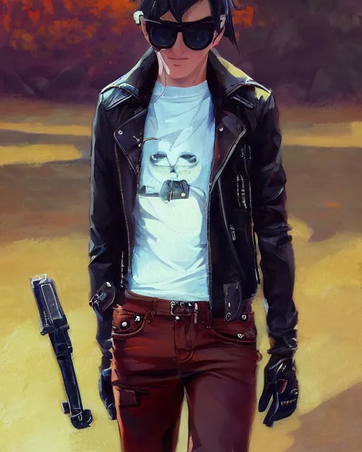 Prompt: anthropomorphic badass male fox wearing a leather jacket and sunglasses. Vivid colors, soft lighting, atmospheric, cinematic, moody, in the style of Ilya Kuvshinov and Range Murata, Krenz Cushart, rule of thirds, oil on canvas, 8k.