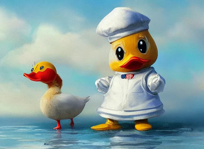 Image similar to award - winning detailed concept art of a cute iconic anthropomorphic little duck character wearing a sailor suit. art by wlop on bcy. net, realistic. detailed feathers, art by cheng yi. artstationhd, artgerm, disney