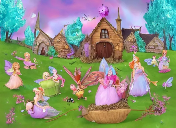 Image similar to “fairy princesses, cute houses of various kinds, witches on broomsticks, ugly trolls with fat heads, ladybirds, a troll driving a bulldozer and crushing a house”