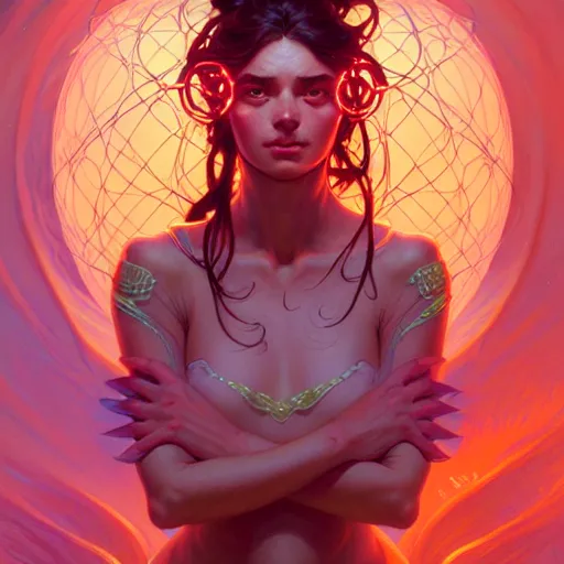 Image similar to Portrait of a polymorphic girl surrounded by glowing nodes, face, fantasy, intricate, elegant, highly detailed, digital painting, artstation, concept art, smooth, sharp focus, illustration, art by Jesper Ejsing and Fernanda Suarez and Artem Demura and alphonse mucha