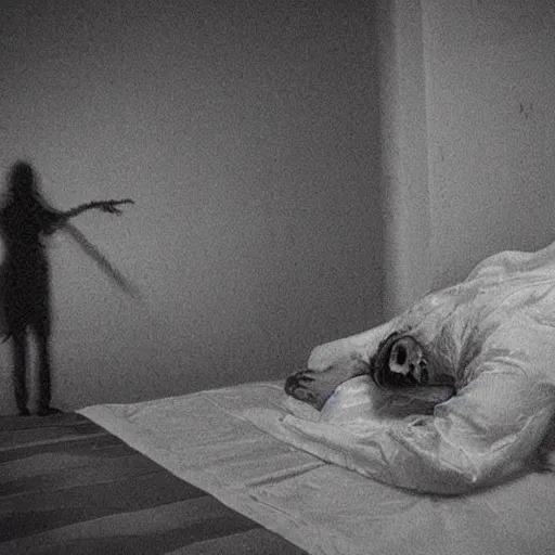 Image similar to a woman is lying in bed, asleep. suddenly, she wakes up to find a dark figure standing over her. it's a demon, come to take her soul! the woman screams and tries to run, but the demon is too fast. it catches her and drags her into the underworld, where she will be tortured for eternity.