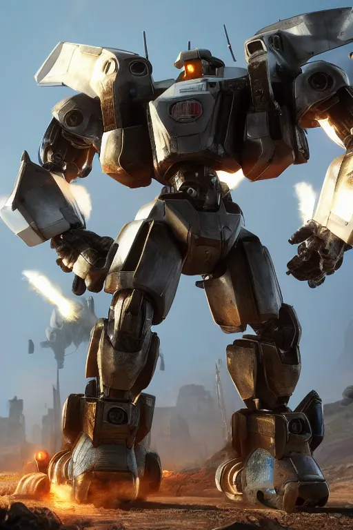 Image similar to mechwarrior 5 : mercenaries mech megaman transformer robot boss tank engine game octane render, 4 k, hd 2 0 2 2 3 d cgi rtx hdr style chrome reflexion glow fanart, global illumination ray tracing hdr fanart arstation by sung choi and eric pfeiffer and gabriel garza and casper konefal pixar and disney unreal zbrush central hardmesh