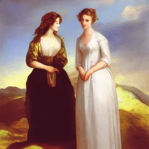 Image similar to two beautiful girls wearing white dresses john martin landscape