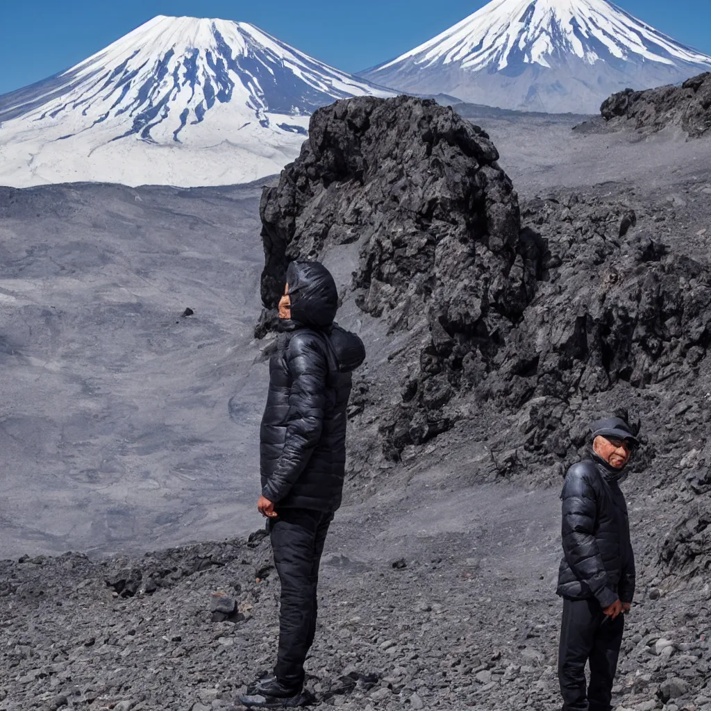 Image similar to old black man, silver metallic moncler jacket, mt fuji in background,