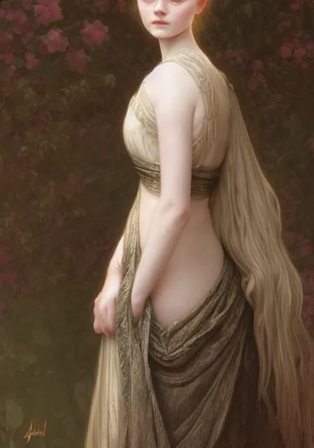 Image similar to sansa elle fanning, intricate, elegant, highly detailed, digital painting, artstation, concept art, smooth, sharp focus, illustration, art by artgerm and greg rutkowski and alphonse mucha and william - adolphe bouguereau