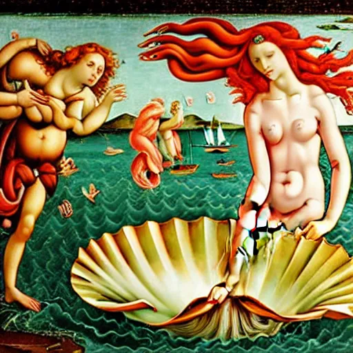 Image similar to birth of venus boticelli. emergeing from a sandwich. venus emerging from sandwich.