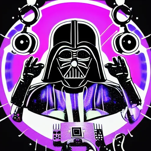 Image similar to svg sticker of a Pop-Wonder Darth-Vader at a rave, spinning records, giant headphones rocking out, wearing headphones, huge speakers, dancing, rave, DJ, spinning records, digital art, amazing composition, rule-of-thirds, award-winning, trending on artstation, featured on deviantart