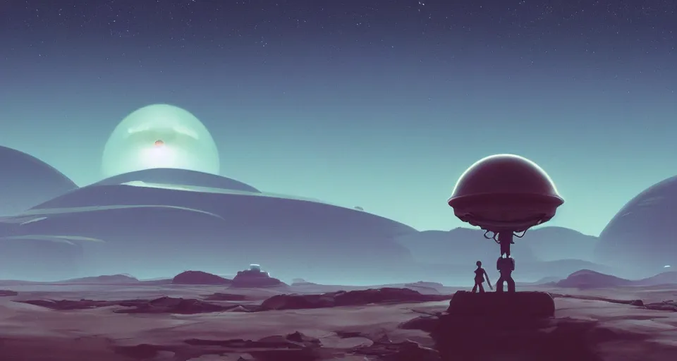 Image similar to A very beautiful serene Martian landscape scene with a GIANT MECHA UFO flying saucer looming in the distance, Translucent rendered by simon stålenhag, rendered by Beeple, Makoto Shinkai, syd meade, environment concept, digital art, starwars, unreal engine, 3 point perspective, WLOP, trending on artstation, low level, 4K UHD image, octane render,