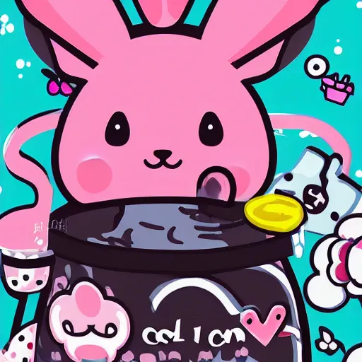 Prompt: amazingly detailed vector art, anthropomorphic pink rabbit character wearing a black bucket hat. Cute, kawaii, Cooky, bt21, Sanrio inspired. Beautiful artwork, Rabbt_character, rabbit_bunny, 獣, iconic character splash art, Detailed fur, detailed textures, 4K high resolution quality artstyle by artgerm, Guweiz, Pixiv, Instagram, dribbble, ArtstationHD