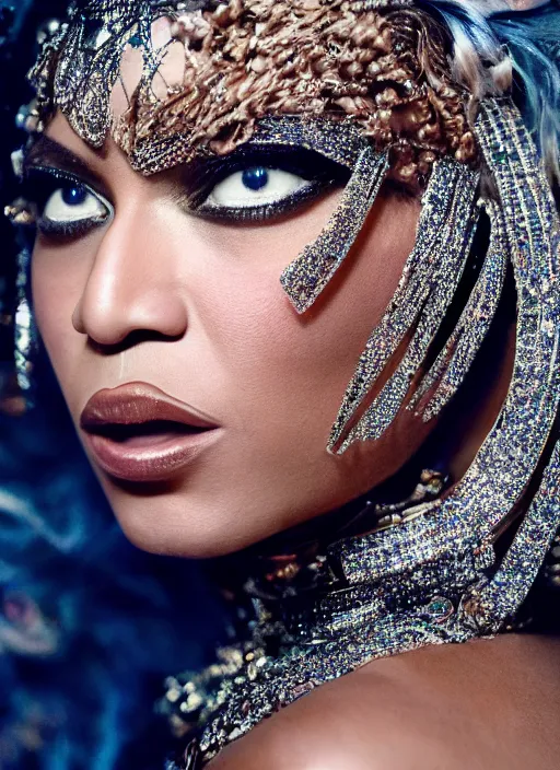 Image similar to photo of beyonce music video, artdeco style showstudio, face close up, vogue magazine, 2 0 2 0, canon, highly realistic. high resolution. highly detailed. dramatic. 8 k. 4 k. zeiss lens, canon eos, cinematic lighting, photography, film still