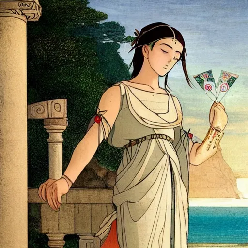 Prompt: A girl with ancient greek clothes on the front of a Balustrade with a beach on the background, major arcana, a colab between studio ghibli and paul delaroche, hyperrealistic