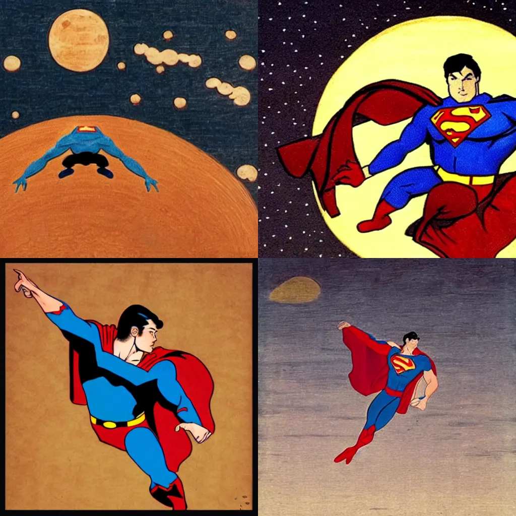 Prompt: superman flying over mars in the style of an ancient japanese painting