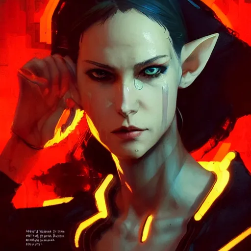 Image similar to full body portrait of an elf woman with elf ears wearing a leather jacket, cyberpunk digital art, dramatic lighting, illustration by Greg rutkowski, yoji shinkawa, 4k, digital art, concept art, trending on artstation