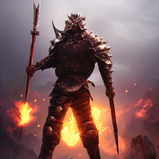 Image similar to photo brutal nordic Warrior, wearing intricate steel armor, holding magical fiery battle-axe, sharp focus, magical aura, heroic pose, fantasy style, octane render, volumetric lighting, 8k high definition, by greg rutkowski, highly detailed, trending on ArtStation, magical Battlefield background, centered