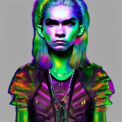 Image similar to album cover of Grimes as a highly detailed holographic super villain character, trending on artstation, concept matte