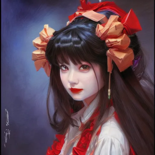 Prompt: Reimu Hakurei portrait art by Donato Giancola and Bayard Wu, digital art, trending on artstation, 4k