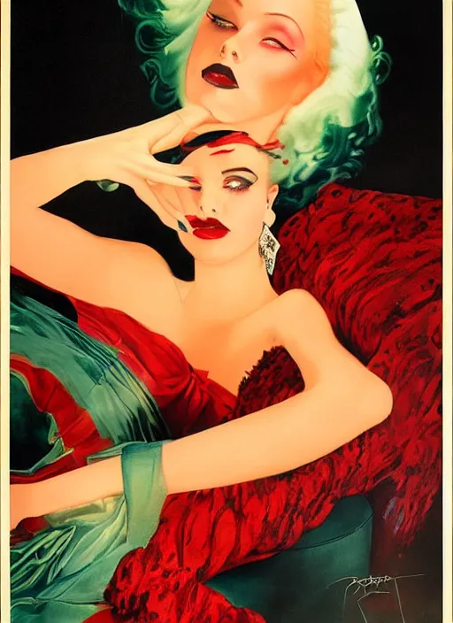 Image similar to an 8 0 s portrait of a woman with dark eye - shadow and red lips with dark slicked back hair dreaming acid - fueled hallucinations by serge lutens, rolf armstrong, delphin enjolras, peter elson