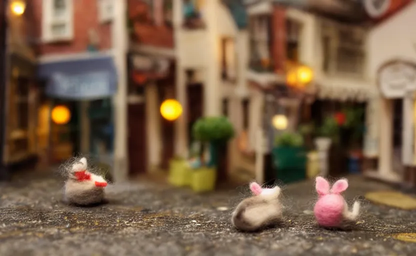 Image similar to miniature cafe diorama macro photography, cafe with felted mice, alleyway, ambient, atmospheric, british, bokeh, romantic