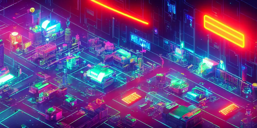 Image similar to isometric room of alien factory exploding at night in the center of a futuristic sci-fi asian city, signboards, neon lights, blade runner color palette, dramatic volumetric lighting, greeble details, rendered in octane render by Yasunari Ikenaga, Yamato, Macross