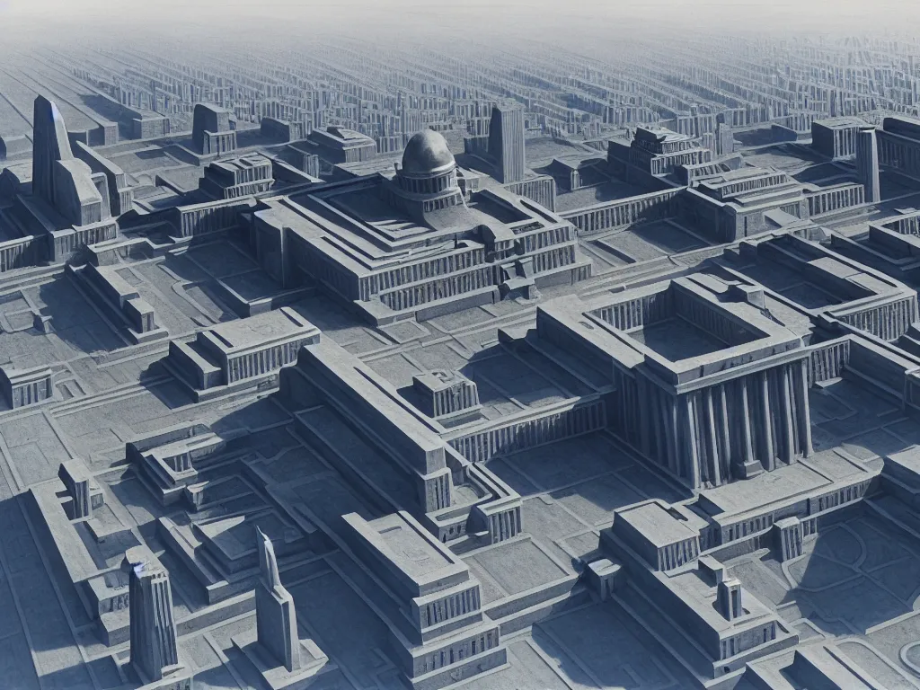 Prompt: matte painting by fan wennan. future capitol of the american communist party shining in the sun after the triumph of socialism in america, hyperdetailed, cinematic, photorealistic, hyperrealism, masterpiece, future communist governmental architecture, statue, imposing, strength, abundance. aerial view. america 2 0 9 8