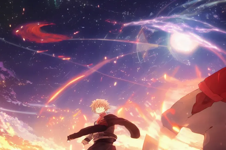 Image similar to Tonemapped Shonen protagonist!! splitting a gas giant in half like Parting of the Red Sea, with pack of Space Whales fly through an interdimensional rift! in background by (Hiromu Arakawa), Makoto Shinkai and (Cain Kuga)