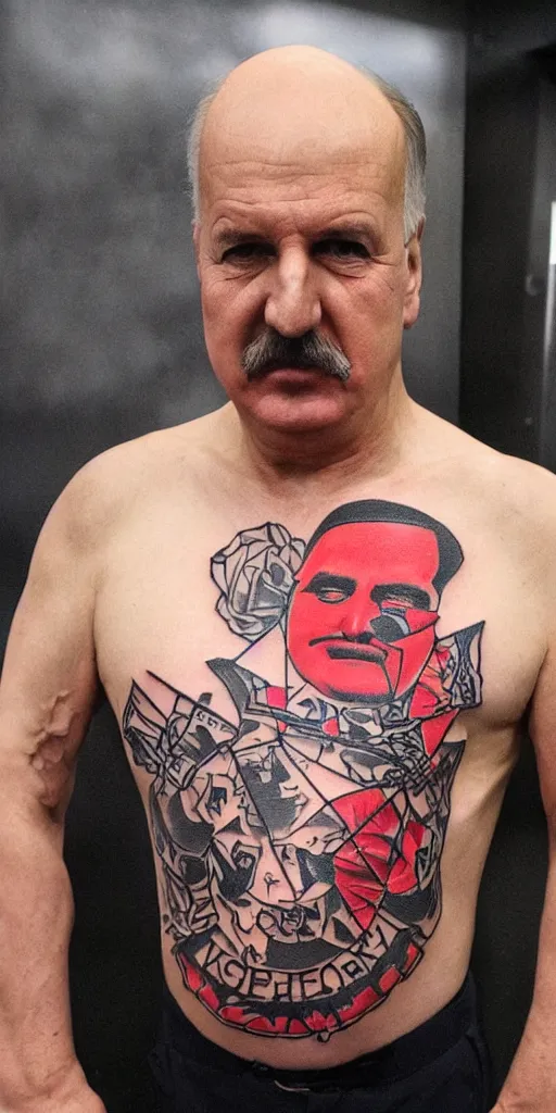 Image similar to alexander lukashenko with torso covered with criminal tattoo high quality face