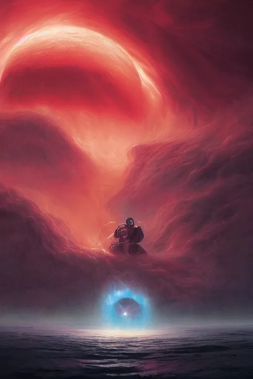 Prompt: Turbulent red ocean drained by a black burning hole surrounded by thunders and pulsar in space, concept art, art nouveau, Jessica Rossier, Reylia Slaby, Peter Gric, Tom Bagshaw, Greg Rutkowski, ferdinand knab, global illumination, volumetric lighting, Jorge Jacinto, CGsociety, blood, radiant light, detailed and intricate environment