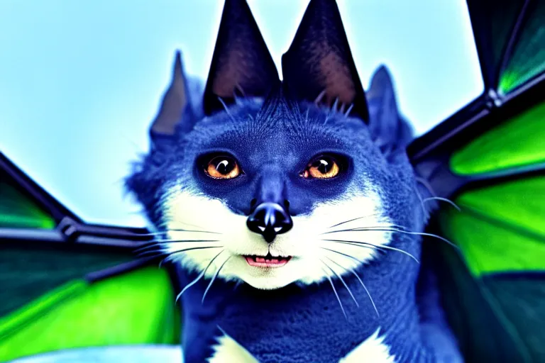 Image similar to a blue - and - black male catbat fursona with blue / green heterochromatic eyes ( one blue, one green ) and huge bat ears, photo of the catbat streaming on his computer