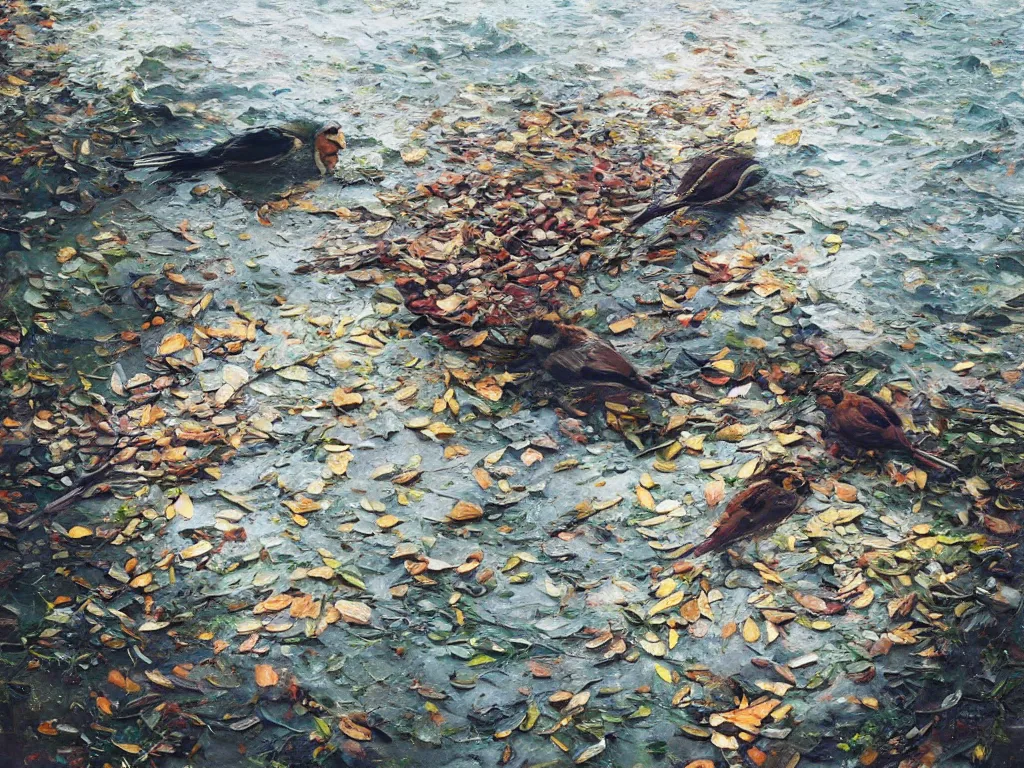 Prompt: bricks/sparrows/leaves/sea. By Gregory Mortenson, Alyssa Monks, Stephen Bauman, Conor Walton, Casey Baugh, Jeremy Lipking, Adam Miller, Mario Robinson. oil on canvas, perfect composition, vibrant colors, 4K, thick brush strokes, intricate, trending on artstation.