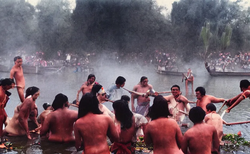 Image similar to a misteriuos colored old film photography of people doing an aztec ritual, xochimilco river, hazy, humid, photorealistic,