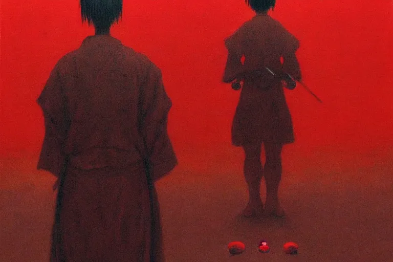 Image similar to only with red, a red samurai, tokio in background, some evil yokai, in the style of beksinski, parts by edward hopper, parts by rodcenko, parts by yue minjun, intricate and epic composition, red by caravaggio, insanely quality, highly detailed, masterpiece, red light, artstation, 4 k