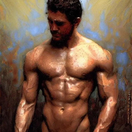 Prompt: Jakee Gyllenhaal with a shredded body type, painting by Gaston Bussiere, Craig Mullins