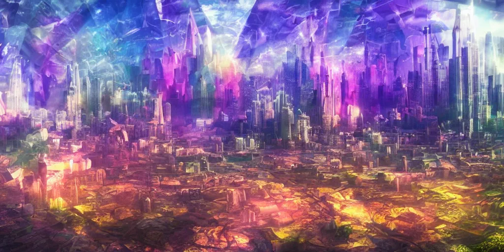 Image similar to City on Prism World, city inside of a crystal made of transparent prisms, fantasy world inside of a crystal, roads of light, rainbow colors, detailed matte painting, fantasy landscape, hyperrealistic