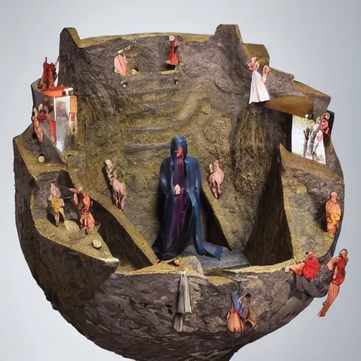 Image similar to a diorama depicting dante's descent through the nine circles