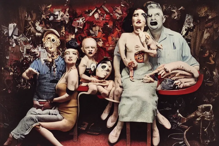 Prompt: kodachrome nightmare americana, joel peter witkin photo of 1 9 5 0 s suburban family, capitalist propaganda meets body horror, patriotic nihilism, annie liebovitz, bosch, disney, francis bacon, minimalist, beksinski, pixar