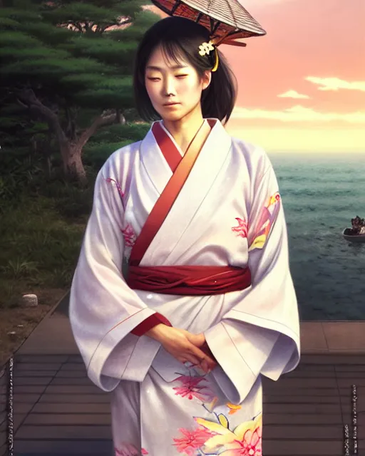 Image similar to a beautiful okinawa girl wear elegant yukata in festival | | summer night, realistic shaded, pleasant face, good looking, fine details, 4 k realistic, cryengine, realistic shaded lighting poster by greg rutkowski, magali villeneuve, artgerm, jeremy lipkin and michael garmash and rob rey