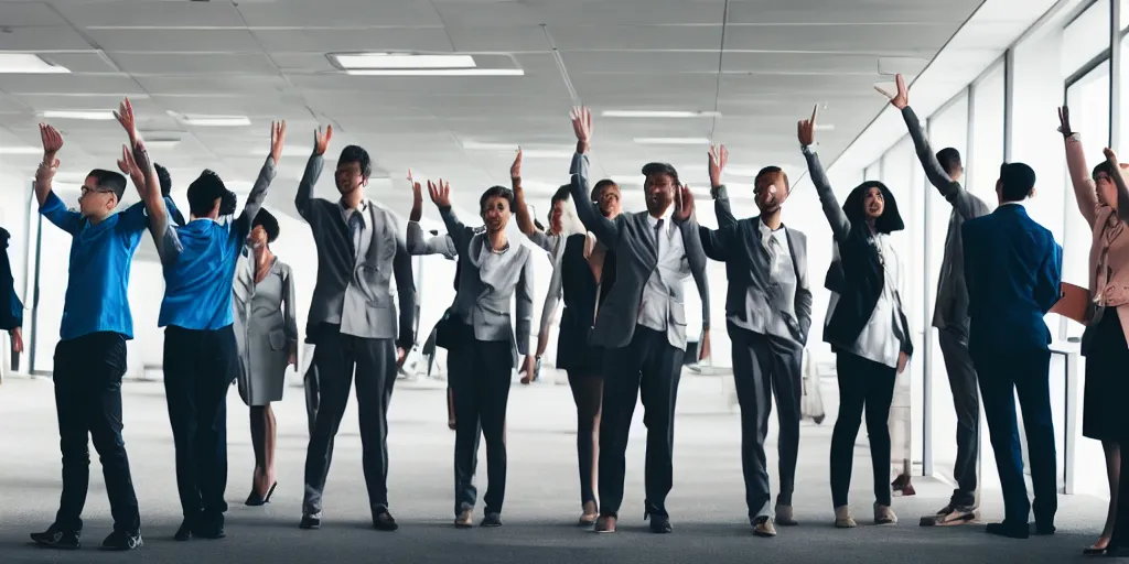 Prompt: very futuristic society and emotional photo of a young man waving goodbye emotionally to a sorrowful large group of his coworkers in office, 25mm, f8, in colors