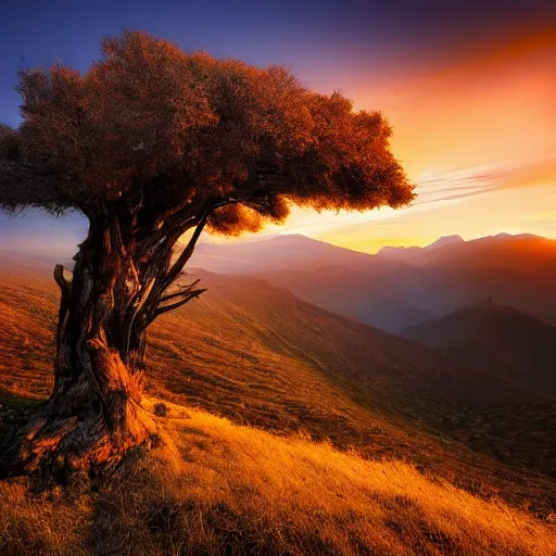 Prompt: a beautiful landscape photography of ciucas mountains mountains a dead intricate tree in the foreground sunset dramatic lighting by marc adamus with an eagle flying