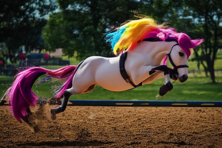 Prompt: close up ground level shot, a rider on a hybrid ( my little pony ) horse, horse jumping a over a hurdle, a horse that's ( my little pony ), digital art, professional, high quality, dof, bokeh, action