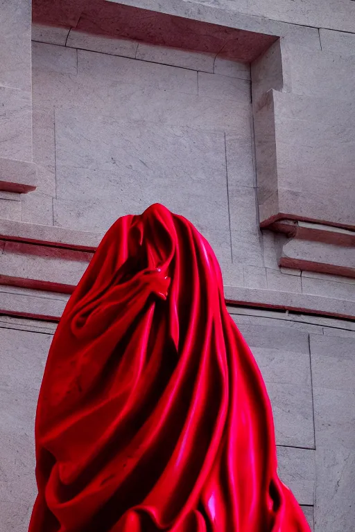 Image similar to the unknown maiden hiding his face under a red silk veil, statue made with embossed polished dark marble, sculpted by hedi xandt and bernini, epic and cinematic view, volummetric light, intricate, detailed, 8 k